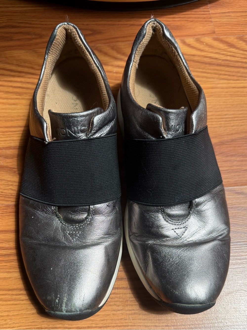 Vionic Metallic Black Slip-Ons with Wide Black Elastic Strap